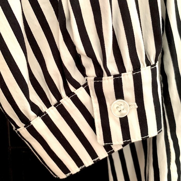 Tahari Black & White Striped Button Down Blouse. 3/4 Sleeves. High/Low. Size L - Picture 5 of 11